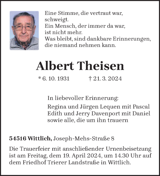 Todesanzeige von Albert Theisen von trierischer_volksfreund