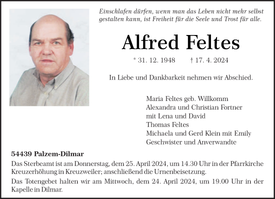 Todesanzeige von Alfred Feltes von trierischer_volksfreund