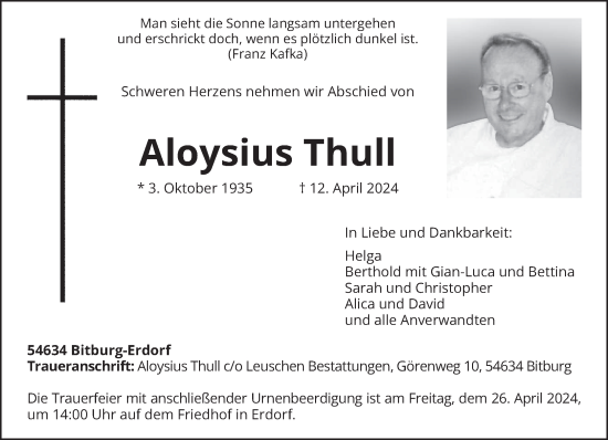 Todesanzeige von Aloysius Thull von trierischer_volksfreund