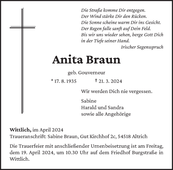 Todesanzeige von Anita Braun von trierischer_volksfreund