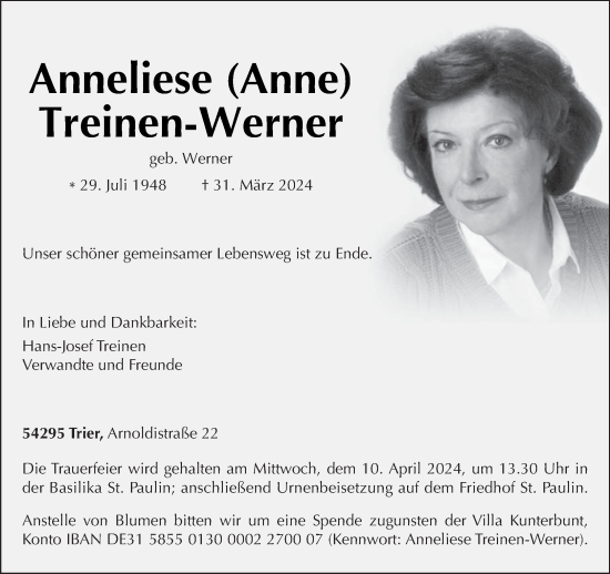 Todesanzeige von Anneliese Treinen-Werner von trierischer_volksfreund