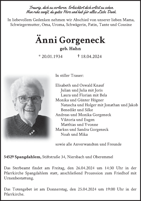 Todesanzeige von Anni Gorgeneck von trierischer_volksfreund