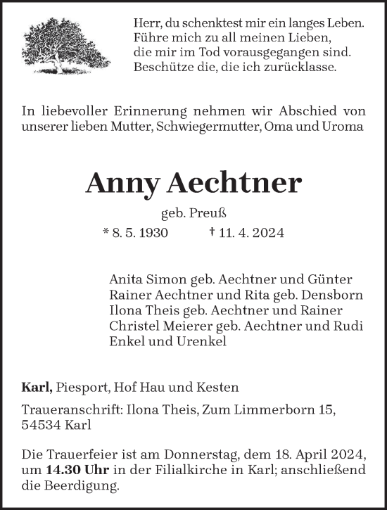 Todesanzeige von Anny Aechtner von trierischer_volksfreund