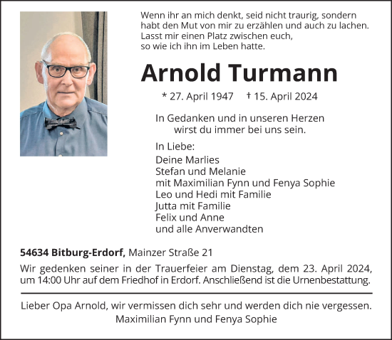 Todesanzeige von Arnold Turmann von trierischer_volksfreund