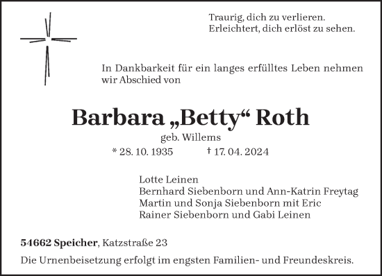 Todesanzeige von Barbara Roth von trierischer_volksfreund