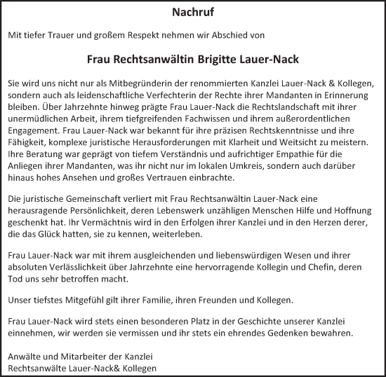 Todesanzeige von Brigitte Lauer-Nack von trierischer_volksfreund