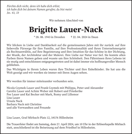 Todesanzeige von Brigitte Lauer-Nack von trierischer_volksfreund