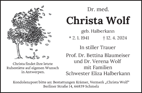 Todesanzeige von Christa Wolf von trierischer_volksfreund