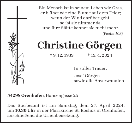 Todesanzeige von Christine Görgen von trierischer_volksfreund