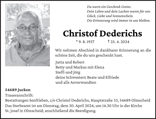 Todesanzeige von Christof Dederichs von trierischer_volksfreund