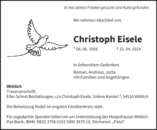 Todesanzeige von Christoph Eisele von trierischer_volksfreund