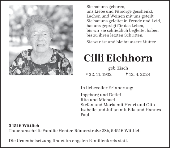 Todesanzeige von Cilli Eichhorn von trierischer_volksfreund
