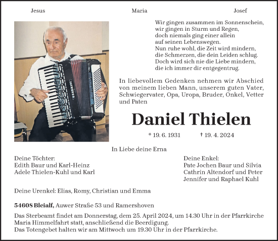 Todesanzeige von Daniel Thielen von trierischer_volksfreund