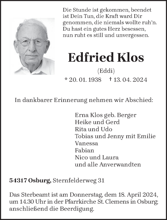 Todesanzeige von Edfried Klos von trierischer_volksfreund