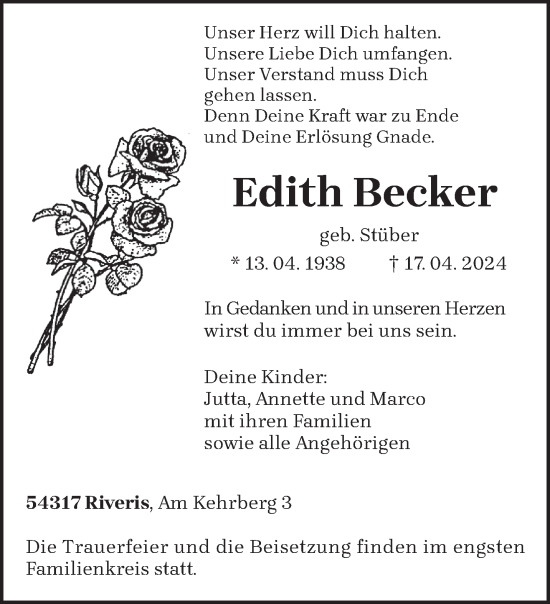 Todesanzeige von Edith Becker von trierischer_volksfreund