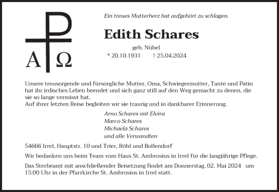 Todesanzeige von Edith Schares von trierischer_volksfreund
