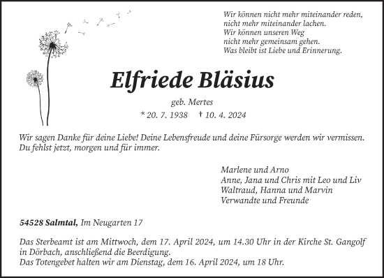 Todesanzeige von Elfriede Bläsius von trierischer_volksfreund