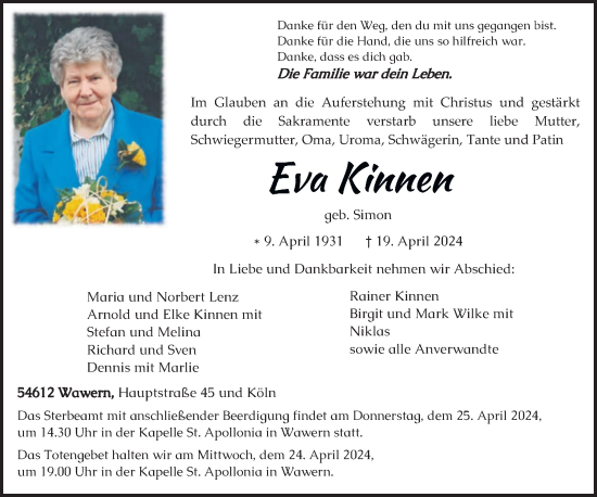 Todesanzeige von Eva Kinnen von trierischer_volksfreund