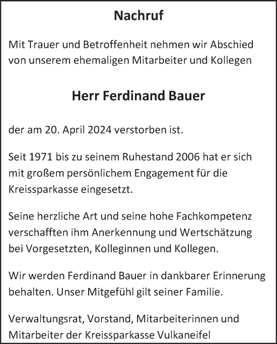 Todesanzeige von Ferdinand Bauer von trierischer_volksfreund