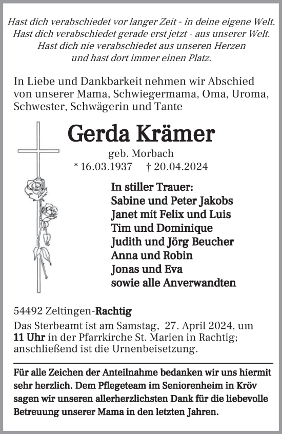 Todesanzeige von Gerda Krämer von trierischer_volksfreund