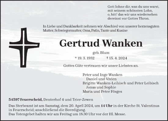 Todesanzeige von Gertrud Wanken von trierischer_volksfreund