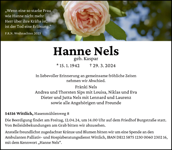 Todesanzeige von Hanne Nels von trierischer_volksfreund