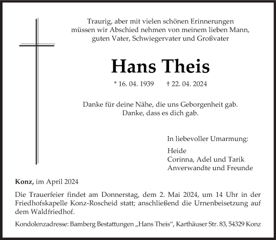 Todesanzeige von Hans Theis von trierischer_volksfreund