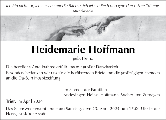 Todesanzeige von Heidemarie Hoffmann von trierischer_volksfreund