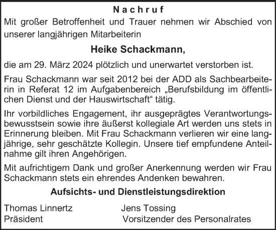 Todesanzeige von Heike Schackmann von trierischer_volksfreund