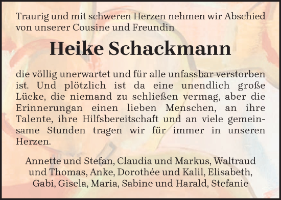 Todesanzeige von Heike Schackmann von trierischer_volksfreund