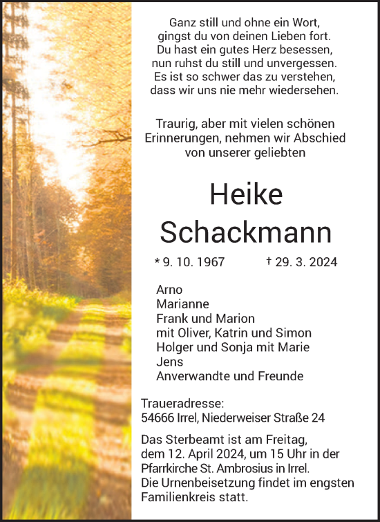 Todesanzeige von Heike Schackmann von trierischer_volksfreund