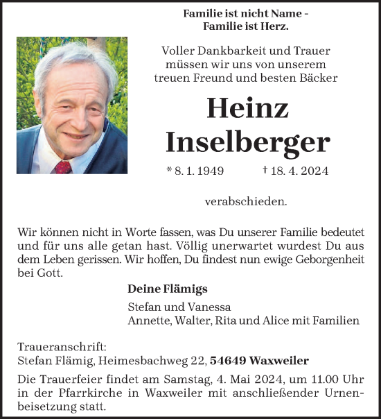 Todesanzeige von Heinz Inselberger von trierischer_volksfreund