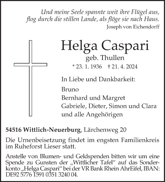 Todesanzeige von Helga Caspari von trierischer_volksfreund