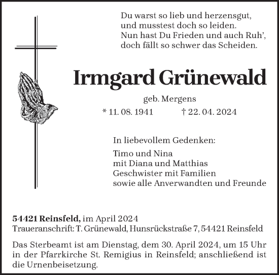 Todesanzeige von Irmgard Grünewald von trierischer_volksfreund
