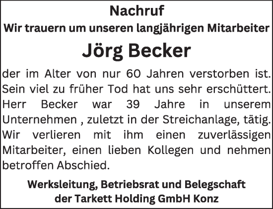 Todesanzeige von Jörg Becker von trierischer_volksfreund