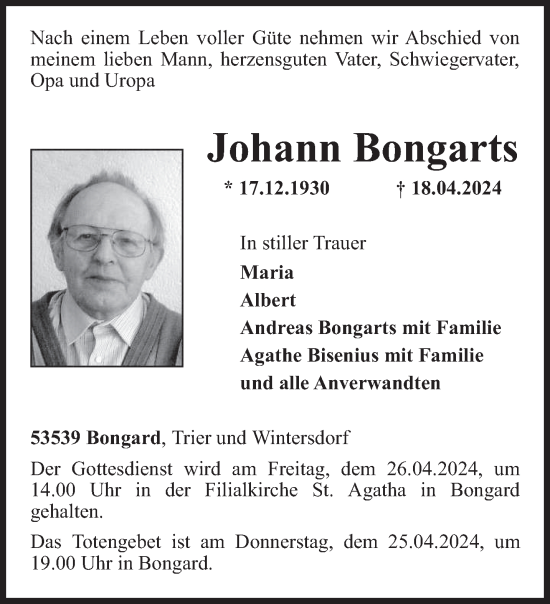 Todesanzeige von Johann Bongarts von trierischer_volksfreund