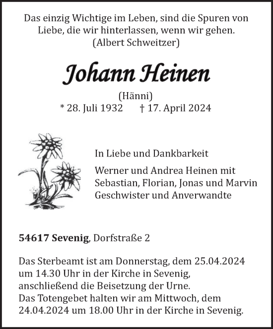 Todesanzeige von Johann Heinen von trierischer_volksfreund