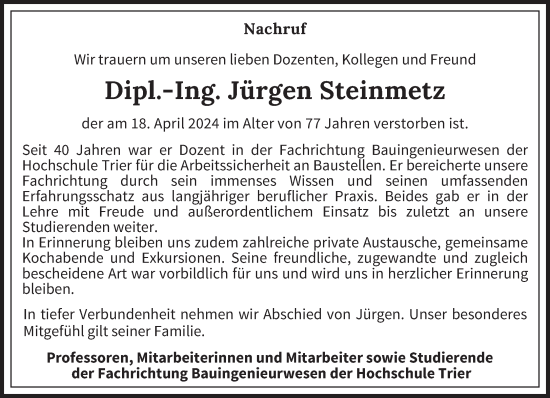 Todesanzeige von Jürgen Steinmetz von trierischer_volksfreund