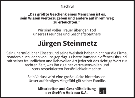 Todesanzeige von Jürgen Steinmetz von trierischer_volksfreund