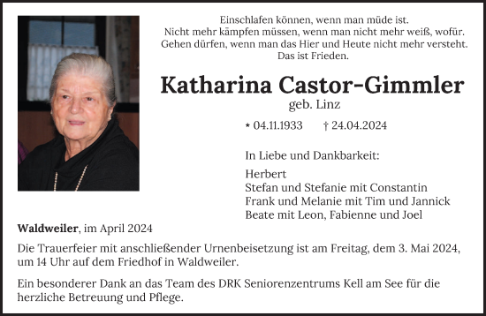 Todesanzeige von Katharina Castor-Gimmler von trierischer_volksfreund