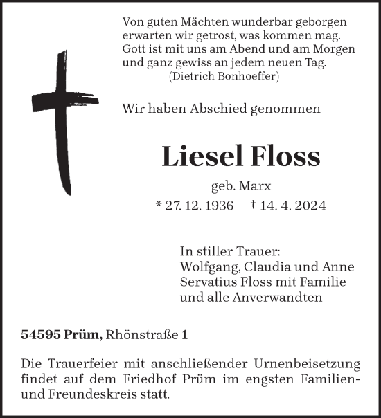 Todesanzeige von Liesel Floss von trierischer_volksfreund