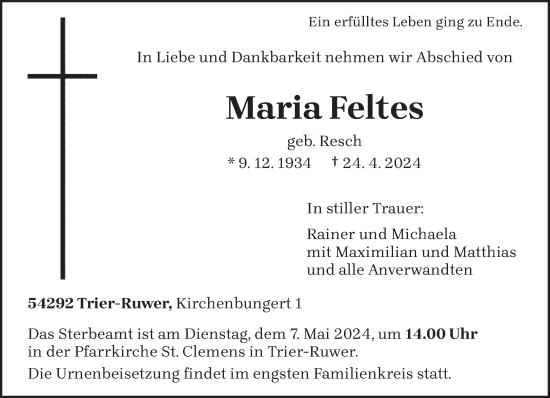 Todesanzeige von Maria Feltes von trierischer_volksfreund