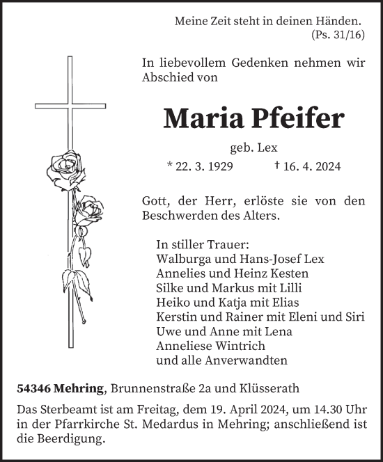 Todesanzeige von Maria Pfeifer von trierischer_volksfreund