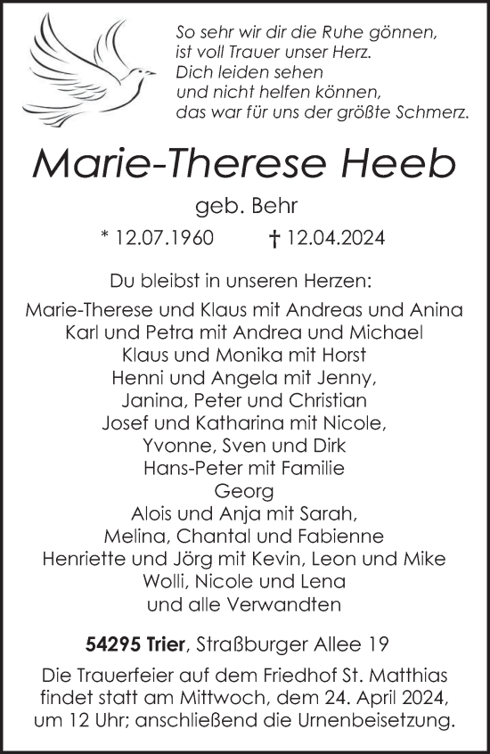 Todesanzeige von Marie-Therese Heeb von trierischer_volksfreund