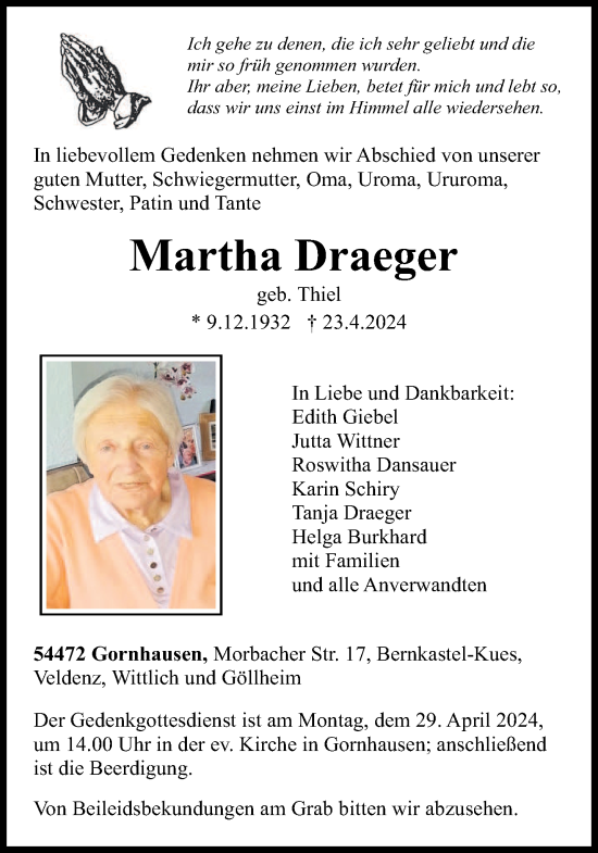 Todesanzeige von Martha Draeger von trierischer_volksfreund