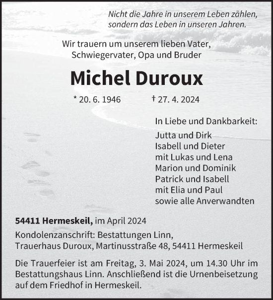 Todesanzeige von Michel Duroux von trierischer_volksfreund