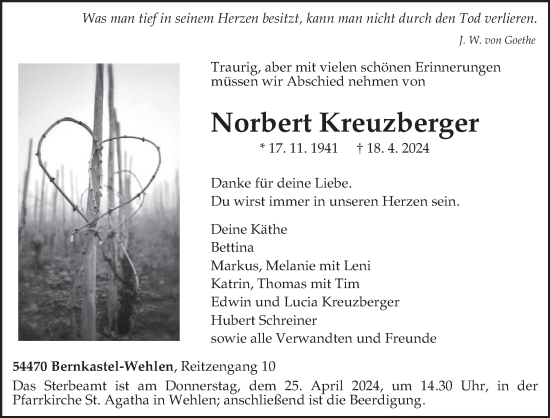 Todesanzeige von Norbert Kreuzberger von trierischer_volksfreund