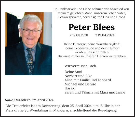 Todesanzeige von Peter Blees von trierischer_volksfreund