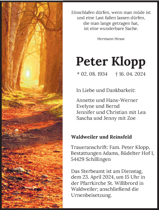 Todesanzeige von Peter Klopp von trierischer_volksfreund