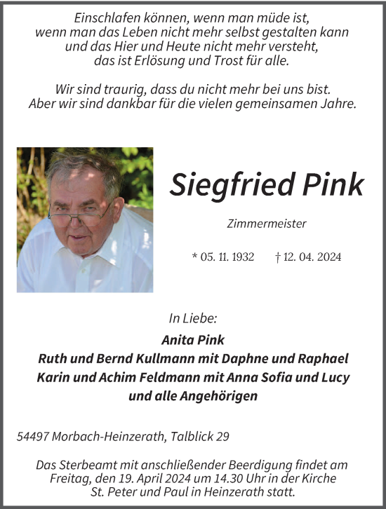 Todesanzeige von Siegfried Pink von trierischer_volksfreund